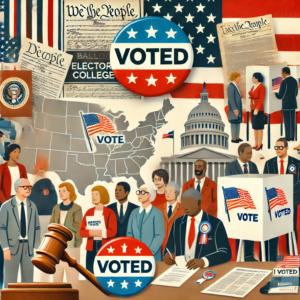 A diverse group of voters casting their ballots at a polling station decorated with red, white, and blue campaign signs during the 2024 U.S. presidential election.