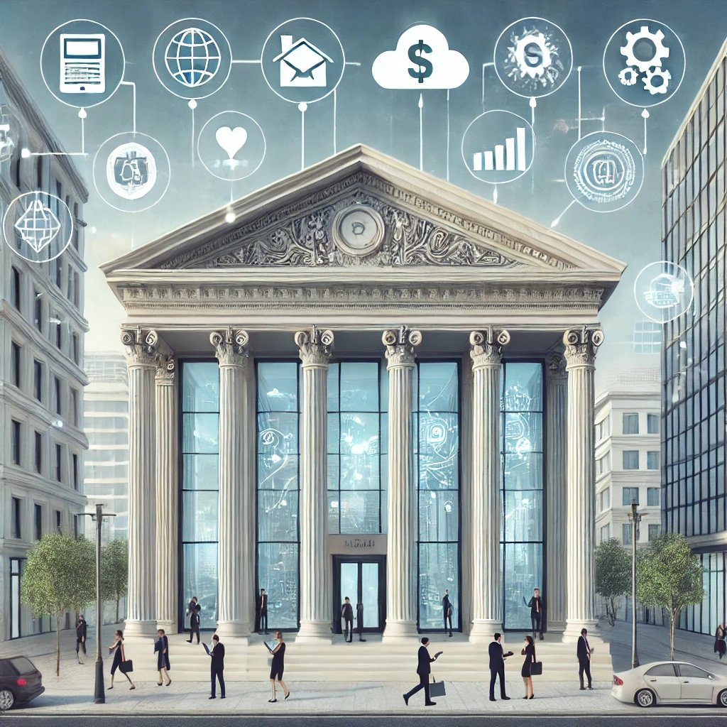 A modern bank building featuring a blend of traditional columns and sleek glass architecture, with people using mobile devices and digital financial interfaces in the foreground. Symbols of technology like clouds and gears represent fintech innovations.