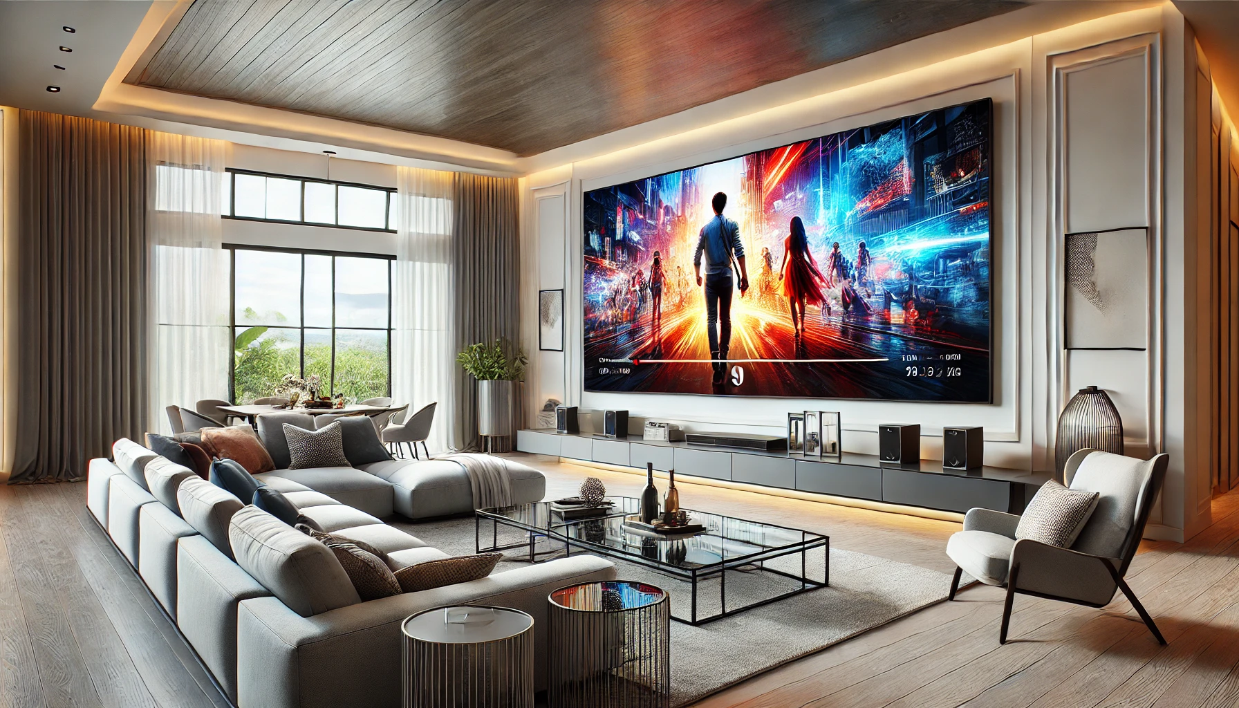 A sleek modern living room featuring a large flat-screen TV displaying a vibrant movie scene, with contemporary furniture and stylish decor.